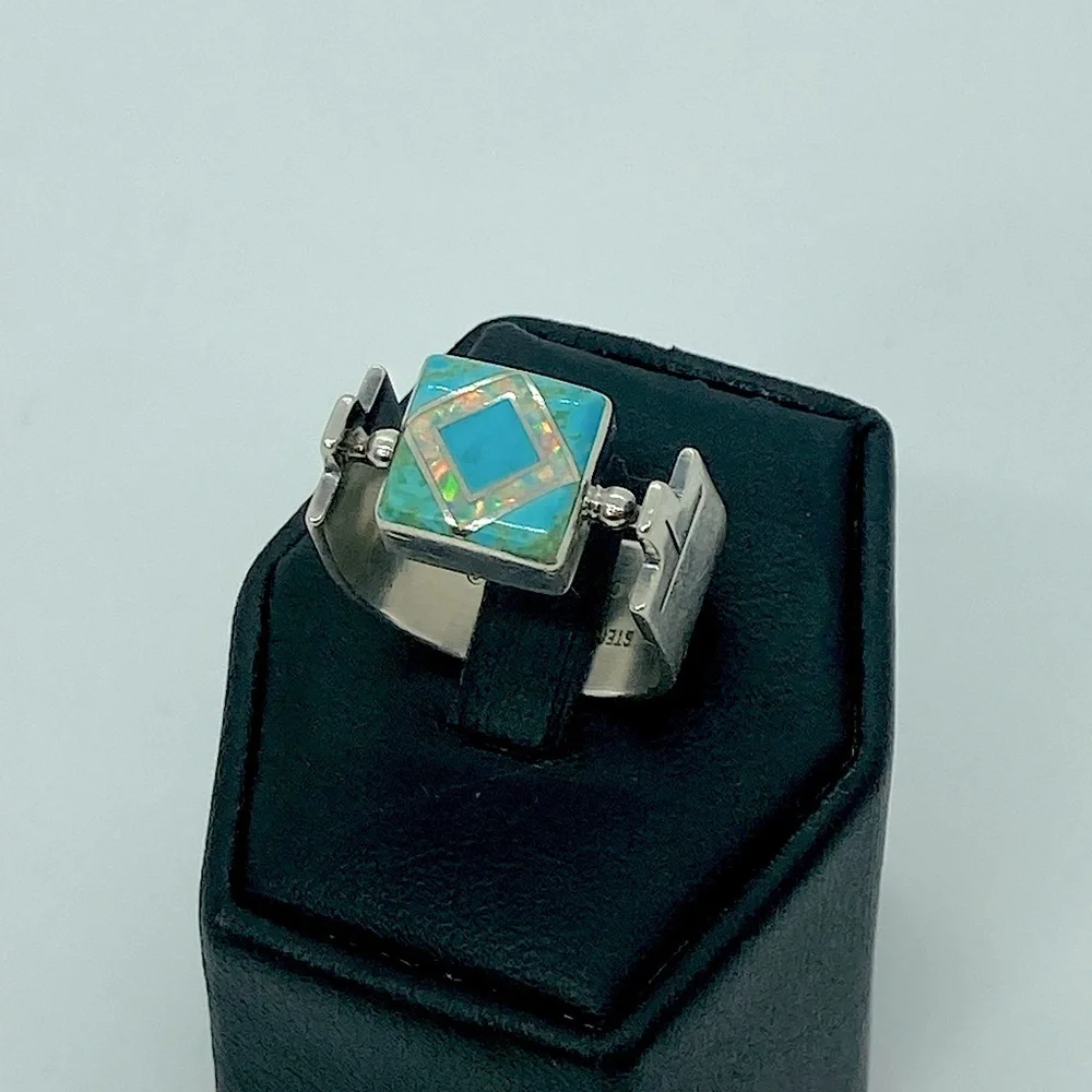 Vtg Navajo Sterling Turquoise & Opal Wide Modernist Style Ring Sz 7.5 Ann Curley - Picture 2 of 13
